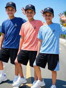SHEIN Tween Boy 休闲运动图案弹力圆领短袖 T 恤和短裤套装，专业运动服多件装适合通勤、上学、日常休闲、运动、健身、户外、春夏 - 藍色 - 查看 1