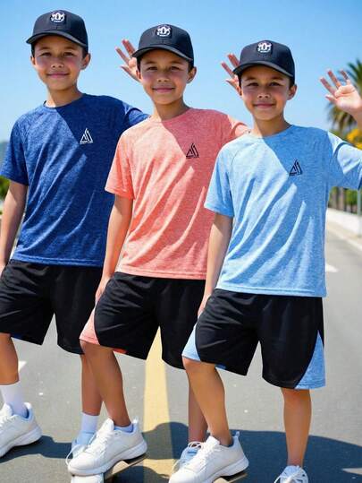 SHEIN 6pcs/Set Tween Boy Casual Sports Graphic Elastic Round Neck Short Sleeve T-Shirt & Shorts Set, Professional Sportswear Multi-Pack Suitable For Commuting, School, Daily Casual, Sports, Fitness, Outdoor, Spring/Summer