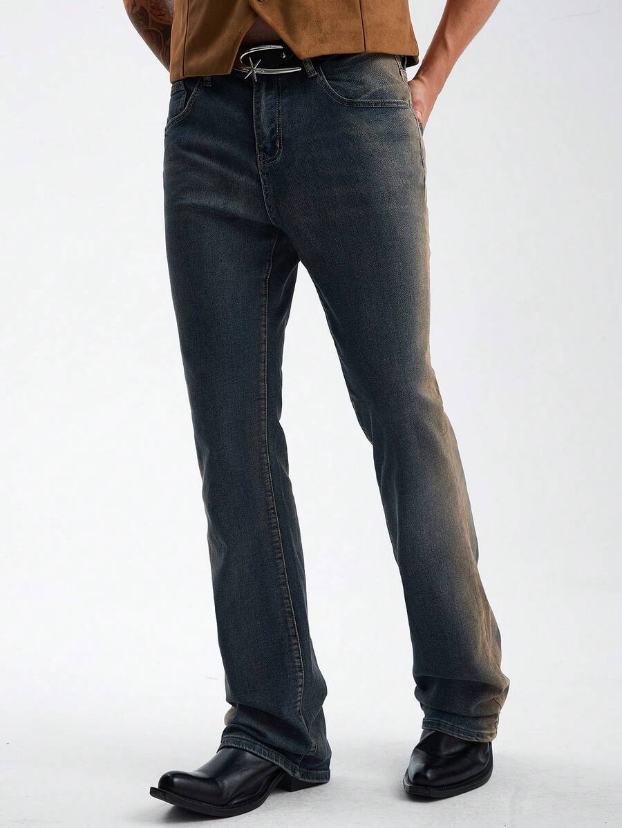 Zorclune Avant-Garde Men's Medium Wash Wide Leg Denim Jeans With Zipper Detail Long Plain Pattern For Casual Wear - Medium Wash - View 1