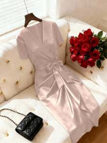 SHEIN Raffinéa Women's Elegant Satin V-Neck Dress,Short Sleeve Criss-Cross Front Ruched Hem,Summer Wedding Ninang Outfit,Dusty Pink Chili Red Glamorous Date Dress - Pink - View 4