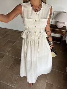 Livesso Women's Solid Color Single-Breasted Drawstring Waist Vest Shirt And Mini Skirt Casual 2-Piece Set, Spring/Summer - Khaki - View 4