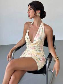 Firerie Women's Elegant Sexy Delicate Romantic Vacation Party Music Festival Date Green Backless Floral Print Bodycon Mini Dress With Metal Decor,Dresses For Women Summer - Apricot - View 10