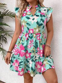Breezaya Plus Size Women's Casual Loose V-Neck Flutter Sleeve Floral Print Dress, Suitable For Vacation, Commute And Daily Wear, Spring/Summer - Multicolor - View 4