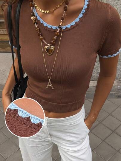 SHEIN EZwear 女士圆领撞色修身休闲针织上衣