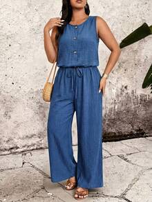 SHEIN Tall CURVE Plus Size Solid Color Round Neck Backless Lace Sleeveless Elastic Waist Jumpsuit With Buttons Vacation Navy Blue Summer Casual Alternative - Blue - View 6