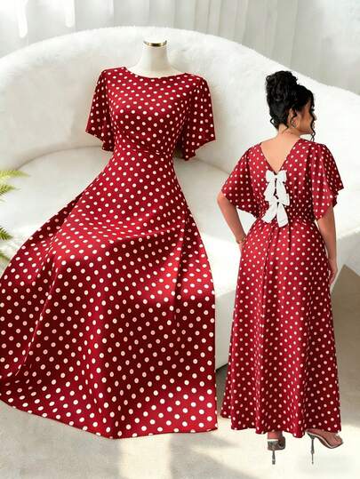 Elenzga Đầm maxi dài dáng suông thanh lịch cổ điển màu đen trắng chấm bi dành cho nữ cỡ lớn, tay áo bèo nhún bất đối xứng, eo thắt, lưng chữ V đính nơ, thích hợp cho mùa xuân/hè.