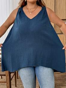 SHEIN CURVE+ 大码女式纯色镂空露背休闲背心 - 藍色 - 查看 3