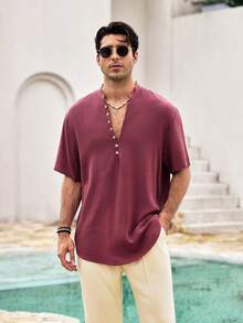Mercer Haus Men's Short Sleeve Henley Shirt, Summer Deep V-Neck, Skin-Friendly Breathable, Solid Color Minimalist Multi-Button Mature Retro Style, Suitable For Casual, Vacation, Daily Wear - Red - View 6