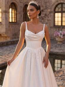 Glamrae Elegant Luxurious Satin Ruffle Collar Design Extra-Large Hem Suitable For Wedding, Singles Party, Vacation, Ball, Holiday, Honeymoon Bridal Gown - White - View 2