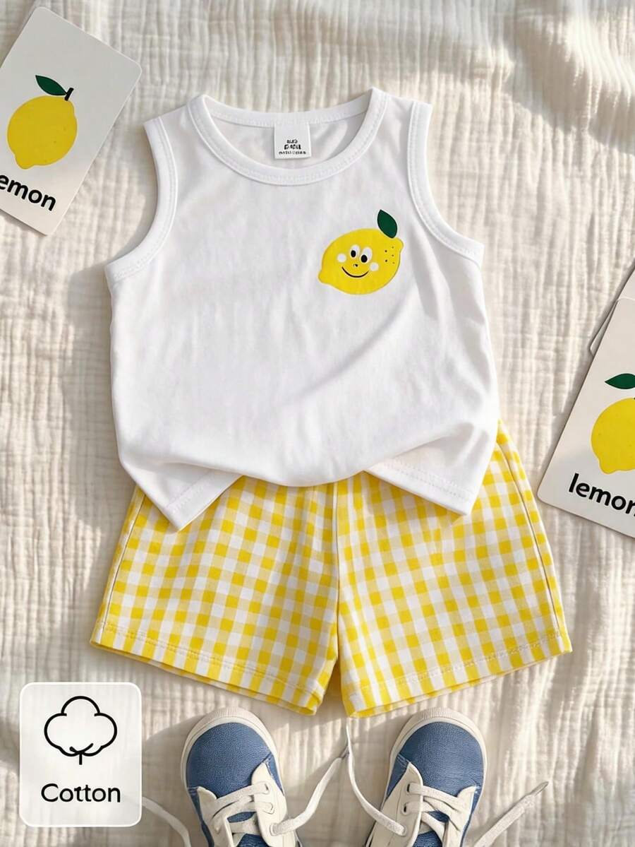 SHEIN 2件/套 嬰兒/幼童男童可愛夏季休閒白色檸檬印花背心+格紋短褲海灘套裝 舒適透氣衣物 6個月-3歲 - 黃色 - 查看 1