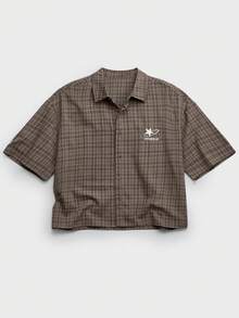 EASEVO Plus Size Men's Embroidered Plaid Print Button-Front Casual Short Sleeve Shirt, Vacation, Father's Day Gifts - Brown - View 2