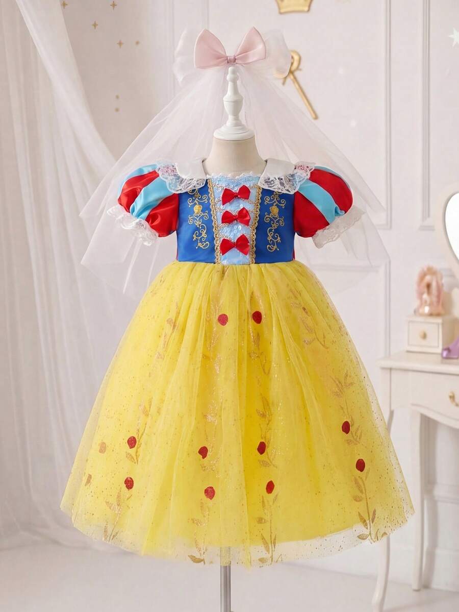 SHEIN Glamorique Kids 小女孩公主裙，泡泡袖，黄色网纱连衣裙，蝴蝶结，带披肩，蕾丝边，生日派对，婚礼，节日，夏季连衣裙 - 黃色 - 查看 1