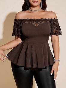 Viva Relle Plus Size Sexy Lace Patchwork Off Shoulder Black Slim Fit Blouse - Coffee Brown - View 2