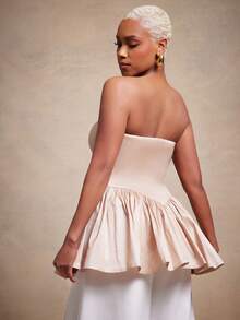 Vixey Solid Taffeta Sweetheart Neckline Strapless Peplum Top - Apricot - View 2