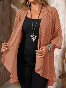 EMERY ROSE Plus Size Women Summer Vacation Open Front Cutout Loose Jacket - Rust Brown - View 5