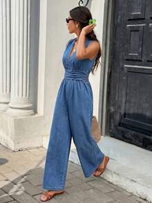 Serisse Bộ jumpsuit denim không tay cổ chữ V, thắt eo, dáng rộng dành cho nữ mùa hè, thích hợp mặc đi lễ hội, đi nghỉ mát, tốt nghiệp, phong cách Y2K dễ thương, thời trang đường phố, dự tiệc cưới, thanh lịch, công sở, đi biển, tốt nghiệp, thời trang nữ, jumpsuit denim không tay cổ chữ V, eo chun, ống rộng, thích hợp mặc hàng ngày. - Màu xanh lam - Xem 4
