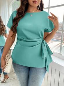 Reflora Plus Size Solid Color Round Neck Twist Pleated Elegant Short Sleeve Blouse - Mint Blue - View 5