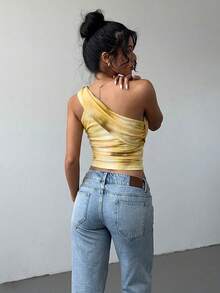 Aloruh Áo croptop nữ kiểu dáng thanh lịch, gợi cảm, in họa tiết tie-dye, chất liệu lưới, ôm sát, xếp ly, thắt nơ phía trước, phong cách Y2K. - Màu vàng - Xem 2
