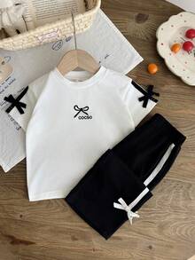 SHEIN 2件套女婴幼儿0-3岁休闲百搭街头风黑色T恤和裤子套装 - 黑色 - 查看 6