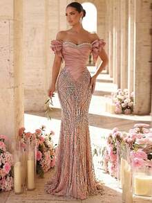 Glamrae Đầm dạ hội sang trọng, đính cườm và sequin, tay trễ vai, chất liệu satin xếp ly, dáng đuôi cá, thích hợp cho đám cưới, tiệc tùng, dạ hội, tiệc chiêu đãi (đính kèm rất nhiều chi tiết). - Bụi hồng - Xem 1