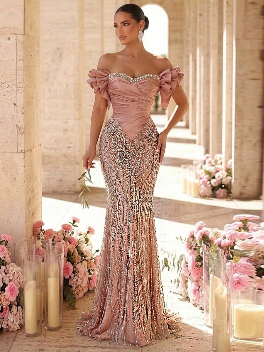 Glamrae Đầm dạ hội sang trọng, đính cườm và sequin, tay trễ vai, chất liệu satin xếp ly, dáng đuôi cá, thích hợp cho đám cưới, tiệc tùng, dạ hội, tiệc chiêu đãi (đính kèm rất nhiều chi tiết). - Bụi hồng - Xem 1