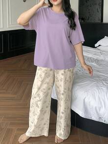 Dazy Plus 两件套春夏家居服套装，纯色宽松T恤上衣和花卉线条印花睡裤睡衣套装 - 紫色 - 查看 4