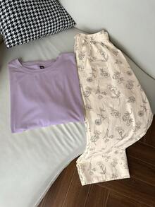 Dazy Plus 两件套春夏家居服套装，纯色宽松T恤上衣和花卉线条印花睡裤睡衣套装 - 紫色 - 查看 7
