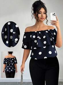 Elenzga Plus Size Women Classic Polka Dot Print Layered Ruffle Off-Shoulder Blouse - Navy Blue - View 6