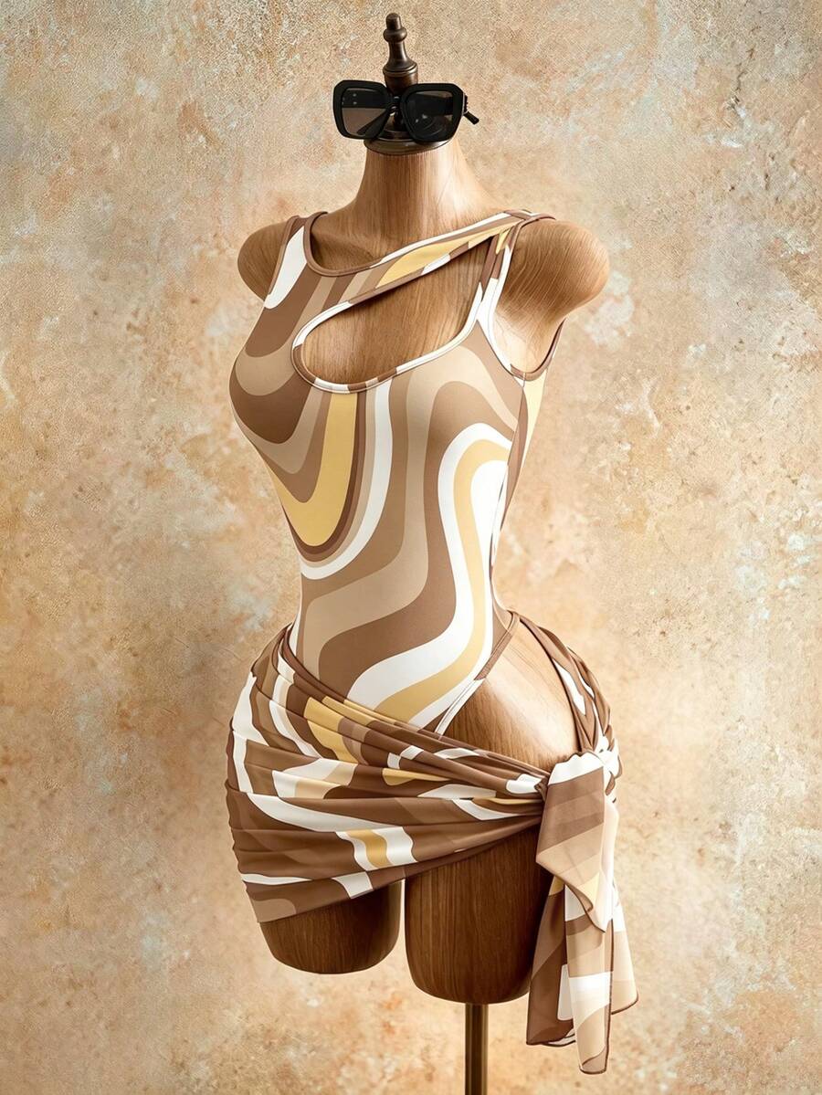 Mistrie 性感撞色波浪连体裤,露肩设计,修身比基尼上衣搭配印花雪纺裙,两件式泳衣套装,适合海滩度假、派对、温泉等场合,网红同款 - 彩色 - 查看 1