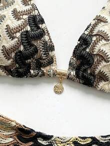 SHEIN Swim Chicsea 26SS 春夏度假沙滩波西米亚风酒红色编织比基尼泳衣套装（含裤子） - 彩色 - 查看 6