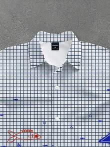 Lornexis Men's Blue & White Plaid, Star & Fish Print Short Sleeve Shirt, Summer Short Shirt - Multicolor - View 3