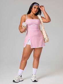 SHEIN Sports 大码女士春夏高尔夫运动连衣裙，吊带设计，波点印花，撞色腰带，前开衩，撞色滚边，可拆卸短裤带口袋，适合休闲、跑步、瑜伽、健身、网球、高尔夫等场合。 - 彩色 - 查看 4