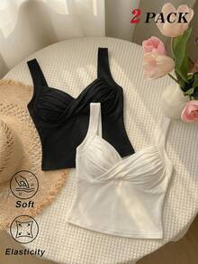 SHEIN MOD 2 chiếc áo hai dây dệt kim nhún bèo màu trắng và đen dành cho nữ - Đen và trắng - Xem 1