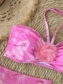 青少年女孩 & 青少年女孩海灘裝 Tankini 三件套，芙蓉花 3D 印花泳衣，適用於春季/夏季假期 - 彩色 - 查看 4