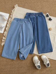 SHEIN 2pcs/Set Girls Back-To-School All-Match Casual Straight Leg Loose Fit Denim Jeans,Comfortable Soft Fabric Blue Fashionable Street Style For Holidays - Multicolor - View 3