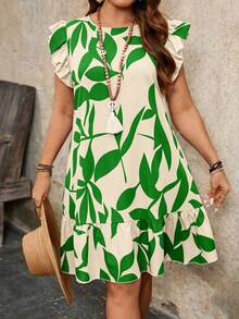 Breezaya Plus Size Women Round Neck Ruffle Sleeve Floral Print Loose Summer Vacation Dress - Green - View 3
