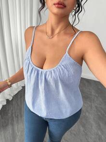 SHEIN LUNE CURVE Rompi Camisole Kasual Bergaris Depan Berkerut, Terbuat dari Campuran Katun, Cocok untuk Semua Musim, Untuk Perjalanan, Liburan, dan Pakaian Elegan untuk Berbagai Acara, Ukuran Plus - Biru - View 6