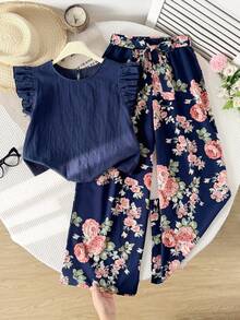 SHEIN Conjunto de top de tirantes con estampado floral y pantalones de pierna ancha para adolescentes, conjunto informal de verano para vacaciones, 2 piezas - azul real - Ver 4