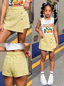 SHEIN Tween Girl Summer Y2K Casual Boho Asymmetrical Button Denim Skort, For Summer Vacation And Daily Streetwear - Yellow - View 1