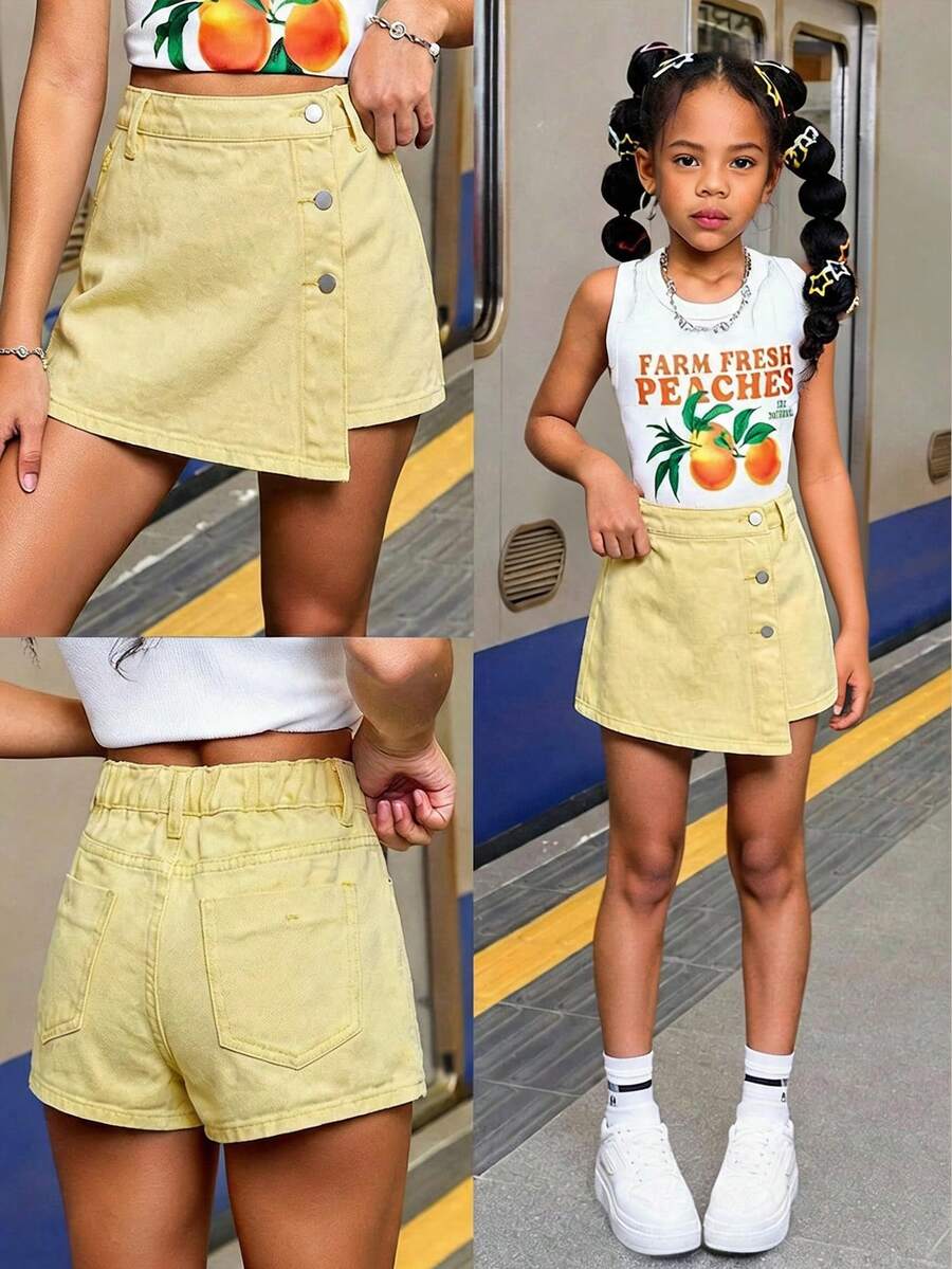 SHEIN Tween Girl Summer Y2K Casual Boho Asymmetrical Button Denim Skort, For Summer Vacation And Daily Streetwear - Yellow - View 1