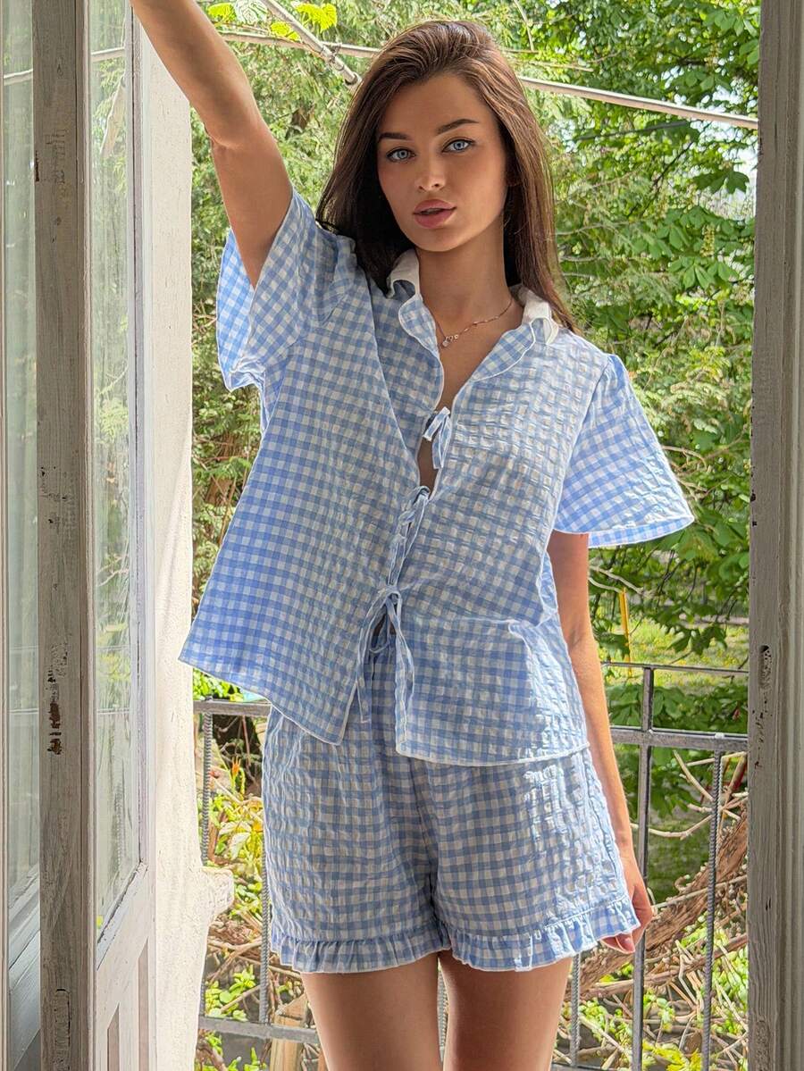 DAZY 女士格子系带上衣和短裤休闲家居服套装 - 藍色 - 查看 1