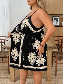 SHEIN CURVE+ Plus Size Women's Casual Sleeveless Dress, Minimalist & Fashionable, Suitable For Summer Wear, Can Be Worn As Beach Dress, Camisole Dress, Holiday Outfit, Bohemian Style, Music Festival - Black - View 5