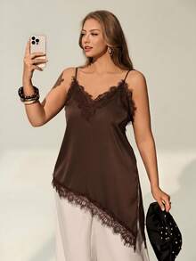 Auralis Áo camisole ren phối họa tiết vạt lệch cho nữ cỡ lớn - màu nâu - Xem 7
