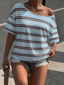 SHEIN EZwear 女士休闲简约蓝棕条纹宽松短袖T恤 - 彩色 - 查看 4