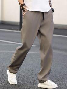 Manfinity Homme Men's Solid Color Drawstring Waist Straight Leg Casual Pants, Versatile, Fall - Grey - View 4