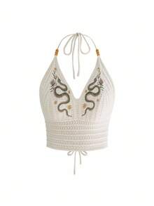 ROMWE Hippie Gothic Snake Skin Embroidered Deep V-Neck Plus Size Knit Top, Summer - Beige - View 1