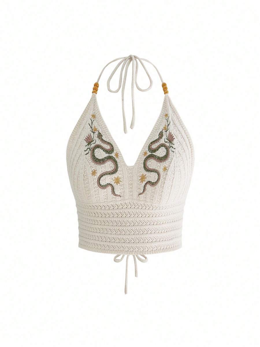 ROMWE Hippie Gothic Snake Skin Embroidered Deep V-Neck Plus Size Knit Top, Summer - Beige - View 1