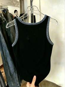 Franclia Women's Denim Effect Print Rhinestone Decor Camisole, Suitable For Vacation, Music Festival, Party - Black - View 2