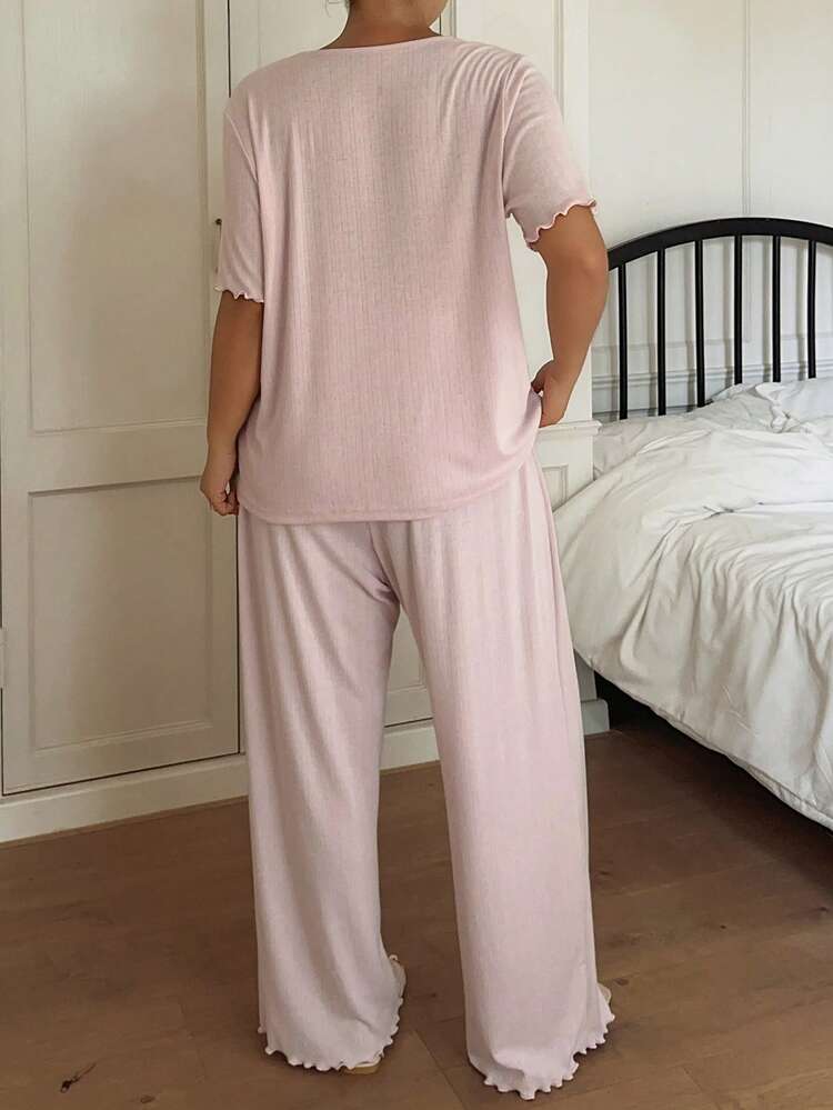 Dazy Plus 2pcs/Set Solid Color Loose Casual Pajamas, Short Sleeve Top And Long Pants, Plus Size Women Spring/Summer Sleepwear Set, Pink