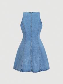 Sweetra Đầm denim nữ không tay, cài cúc đơn, kiểu dáng thường ngày, thích hợp cho những buổi đi chơi và nghỉ hè. - Màu xanh lam - Xem 2